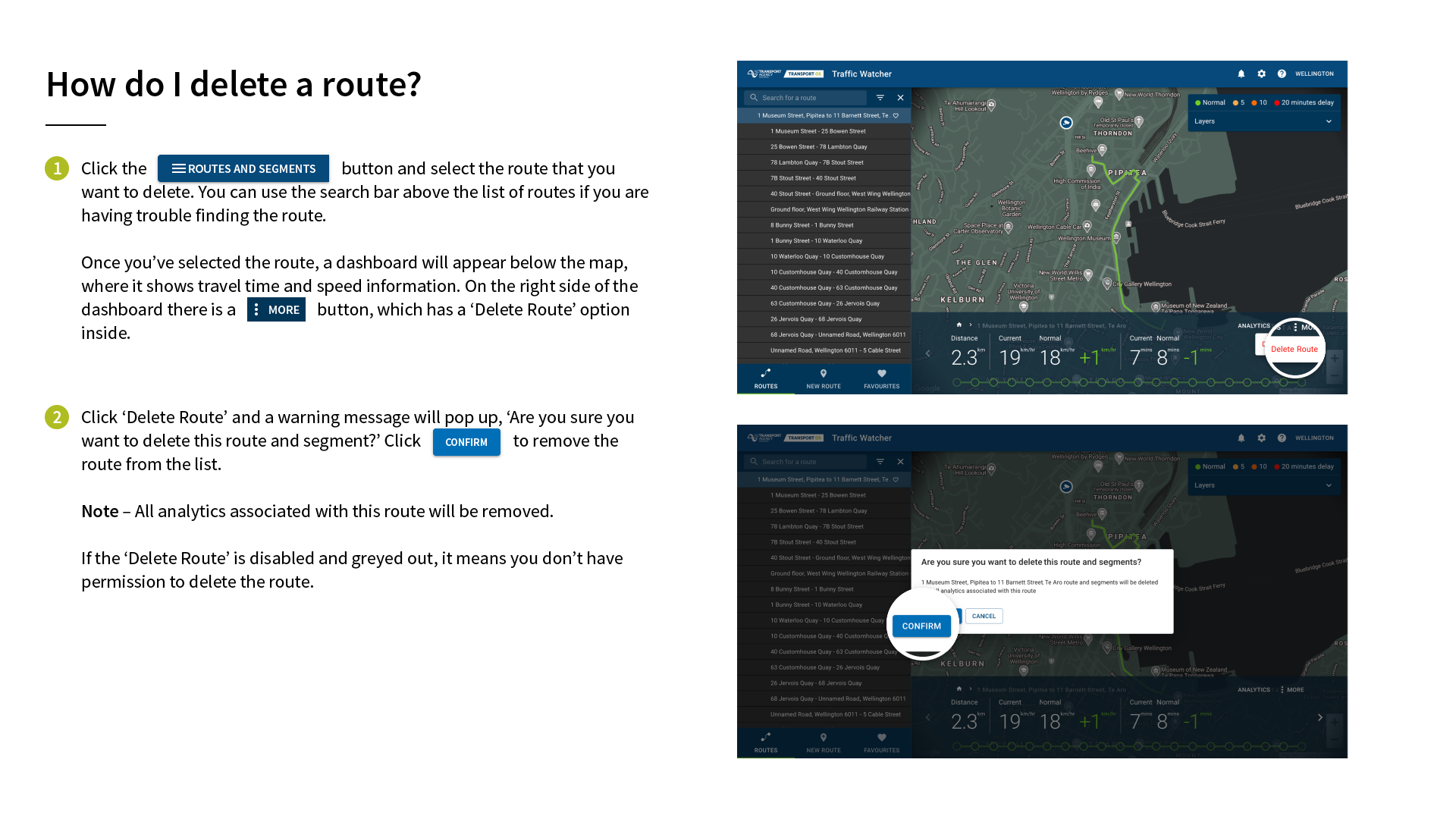 Delete route page for Traffic Watcher Create, save and delete routes training document