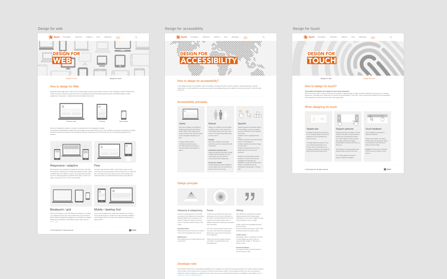 Principle page wireframes for the design system