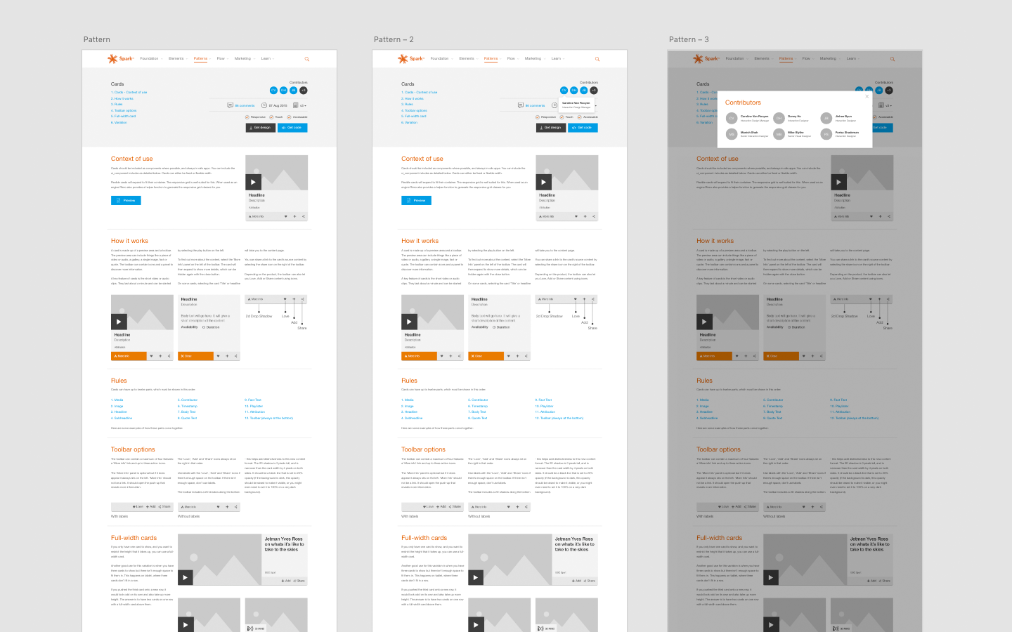 Pattern library page wireframes for the design system