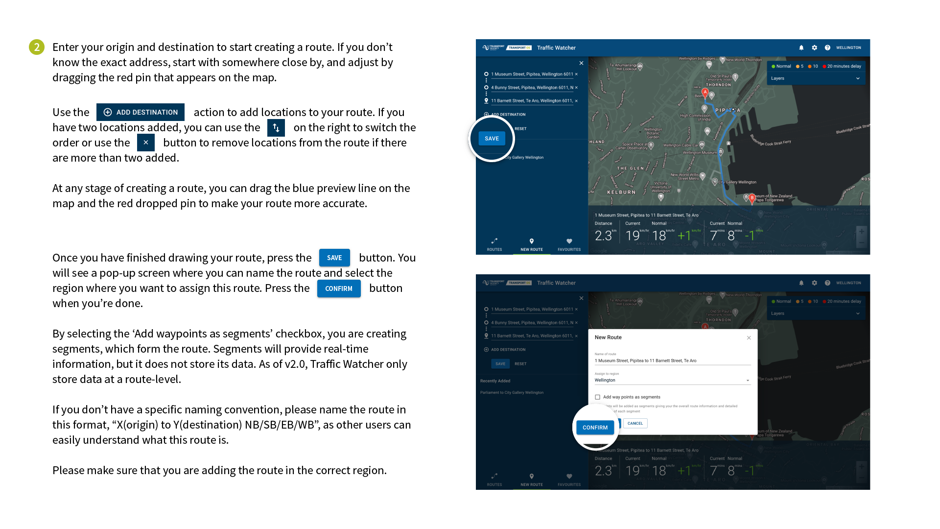 Save route page for Traffic Watcher Create, save and delete routes training document