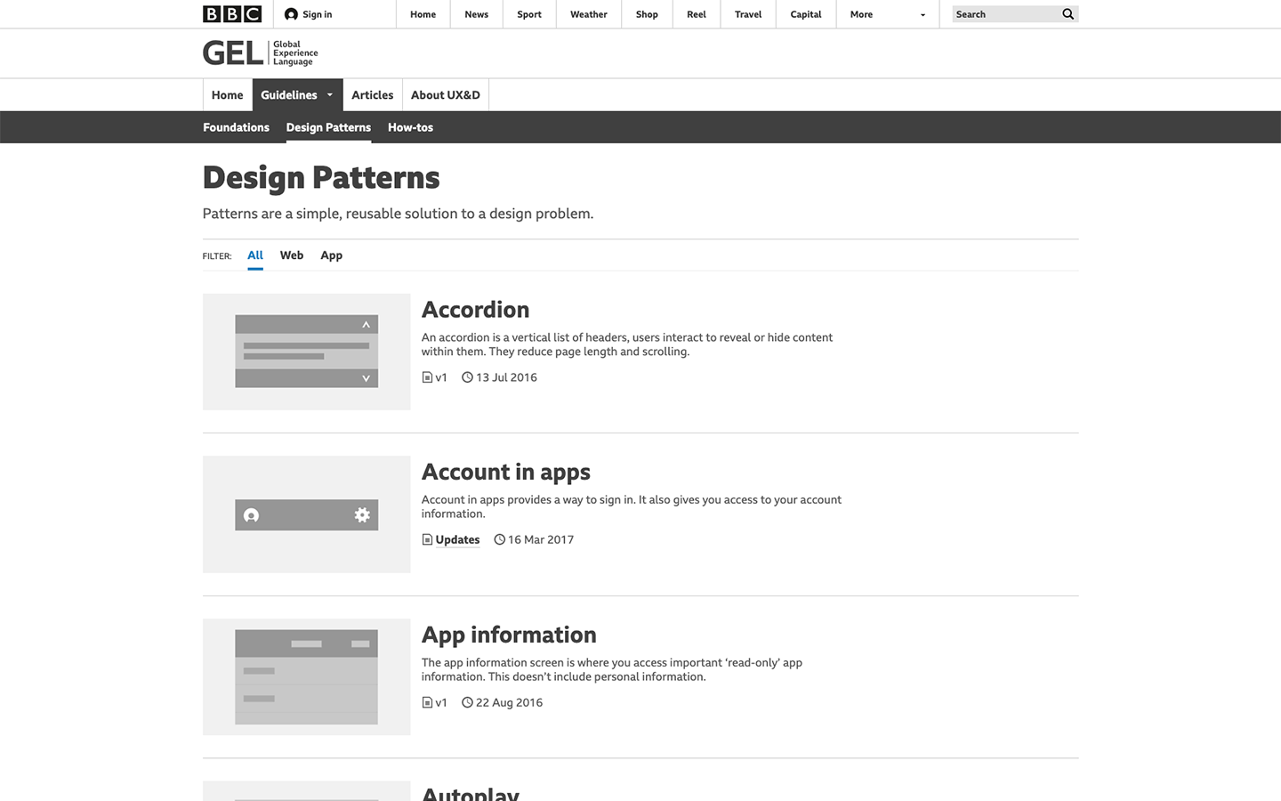 BBC Global Experience Language Design Patterns desktop website