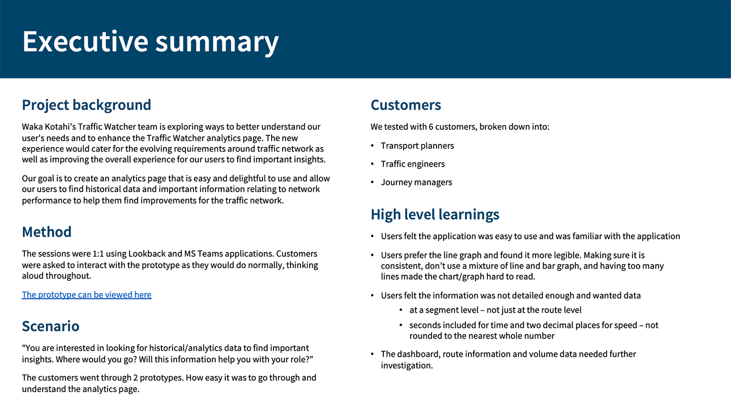 Traffic Watcher Analytics usability testing – Executive summary page