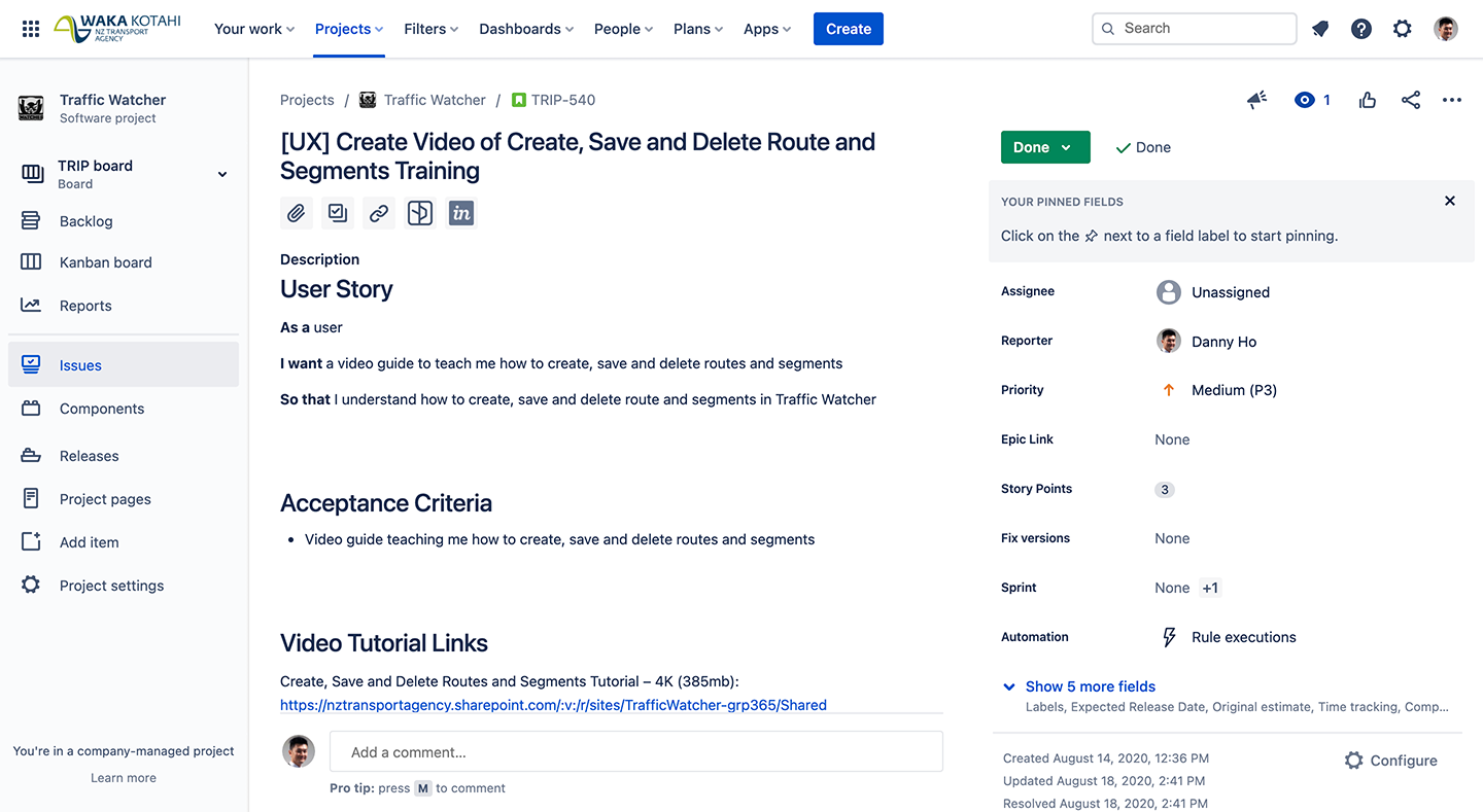 JIRA ticket – Create video of Create, save and delete route and segments training