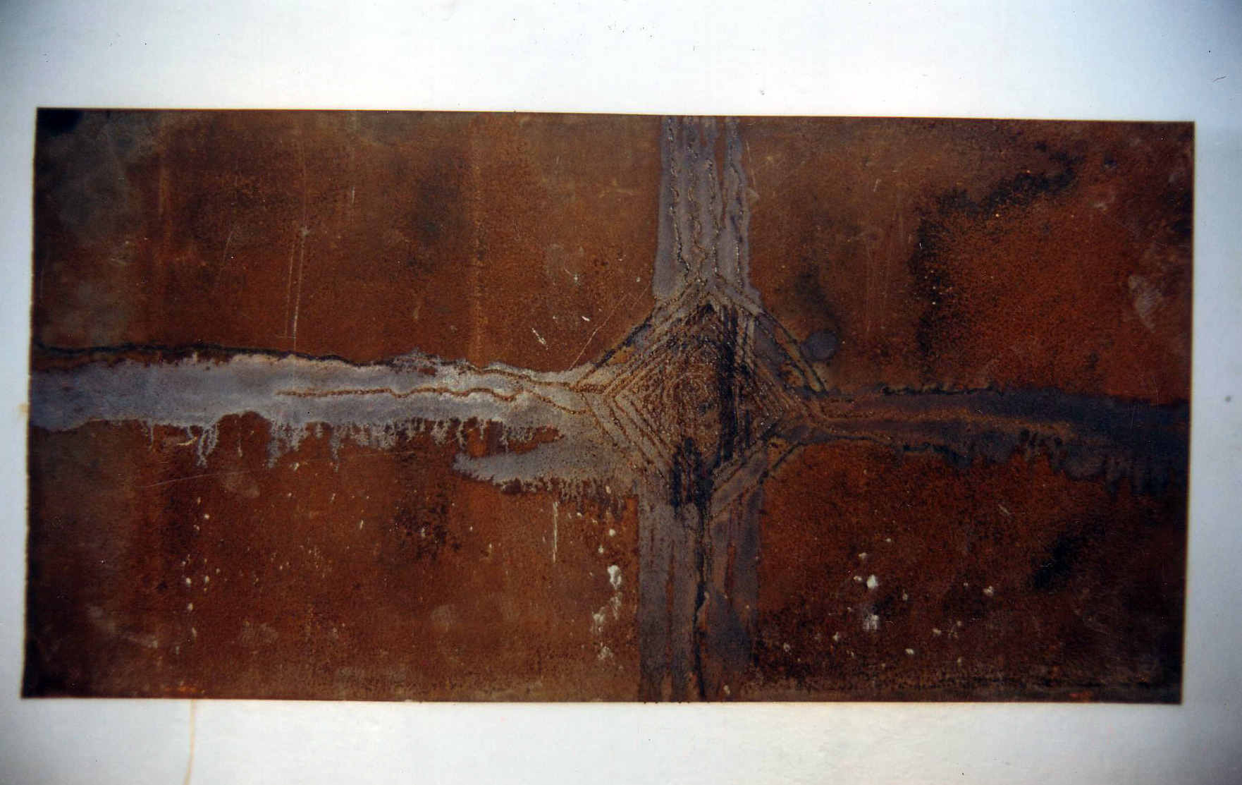 "Sumido en lo profundo" 1999.  acid, arc welding in metal. 150 x 300 cm