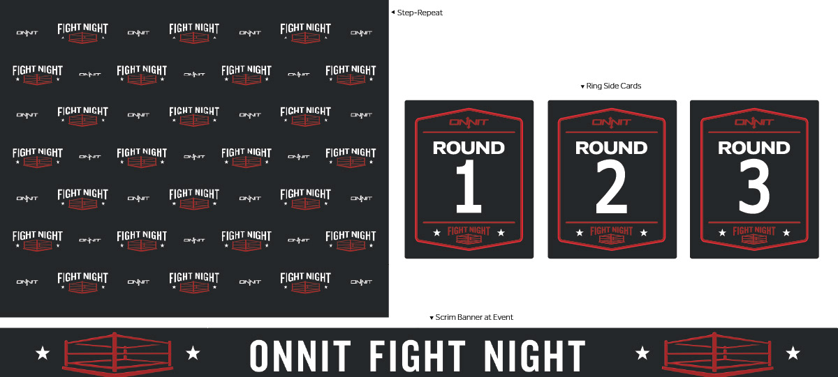Printed items: Scrim StepNRepeat. Giant round cards. Giant banner above ring.