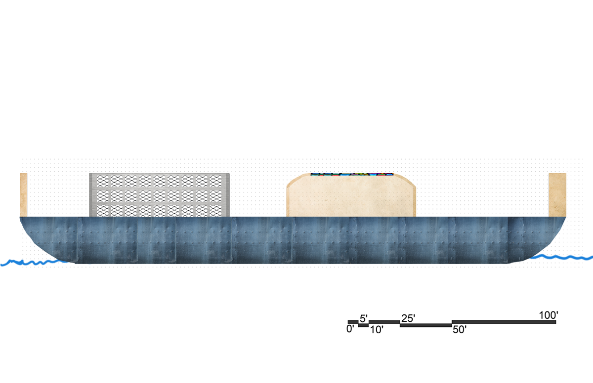 Concrete walls around the edges are built to 21 ft high
