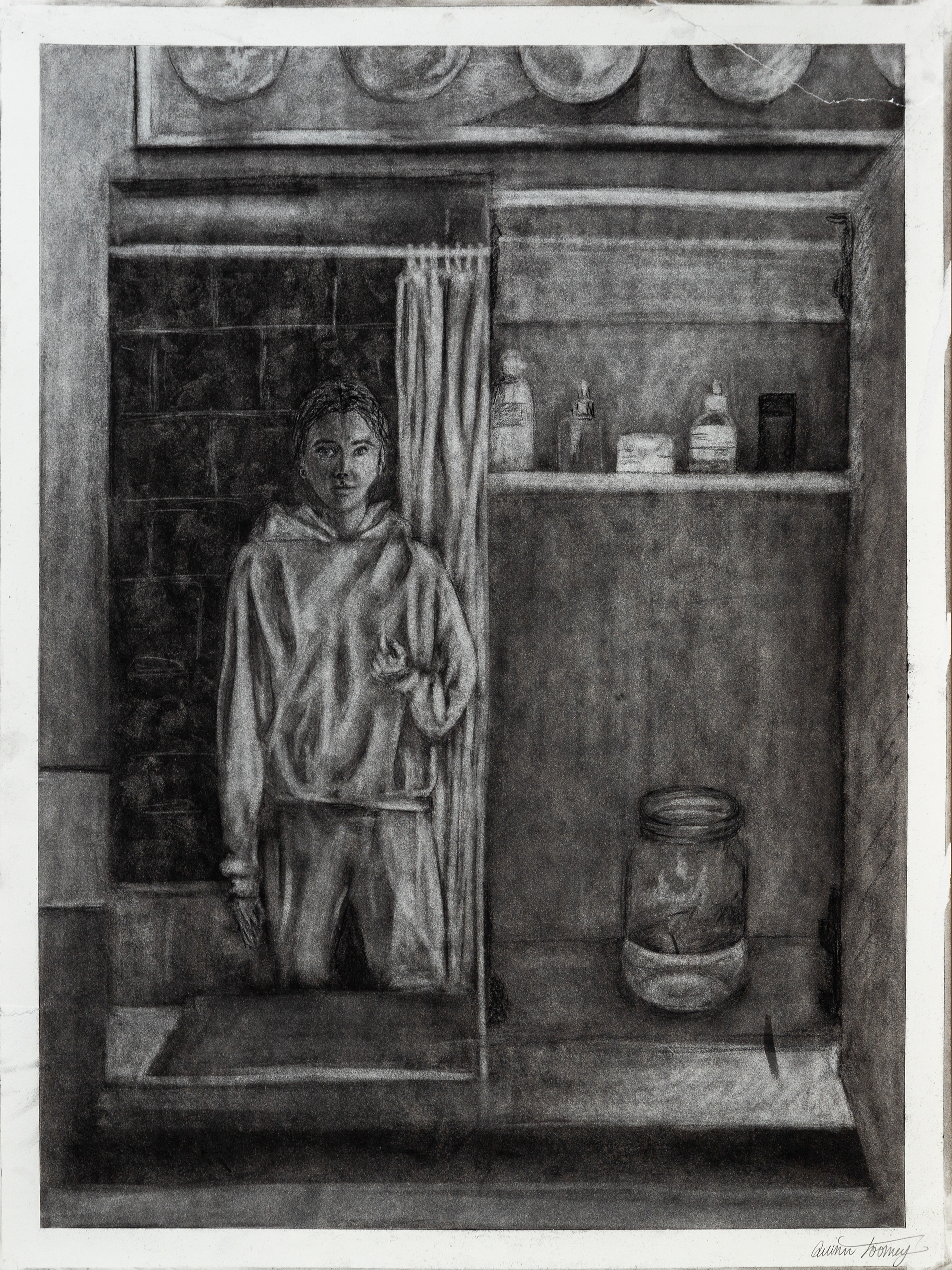 Bathroom Cabinet, 18x24in charcoal on paper (2022)