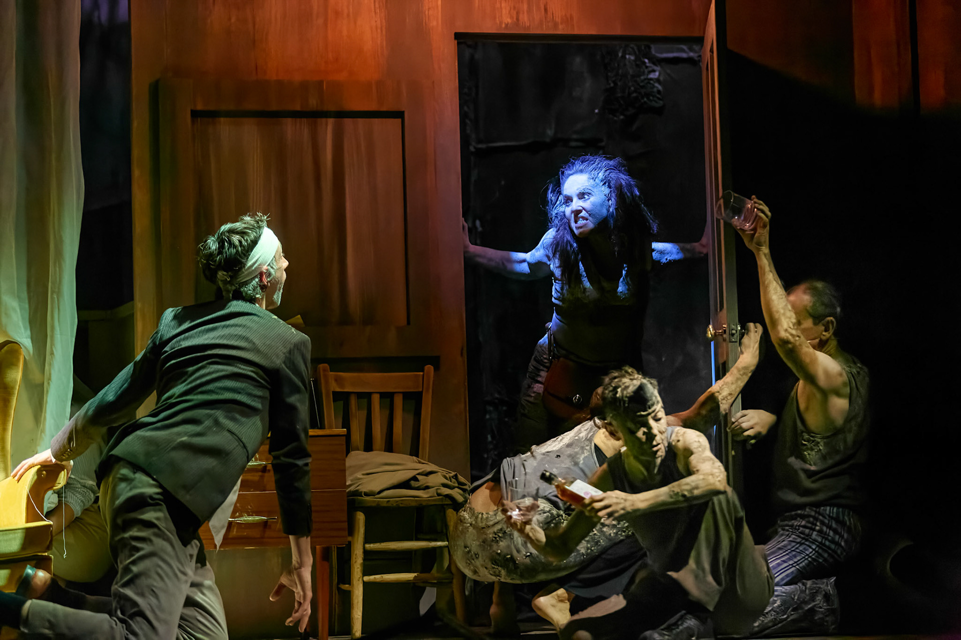 Rhinoseros by Theatr Genedlaethol Cymru.CastRhodri MeilirBethan Ellis OwenDafydd EmyrIoan GwynPriya HallEddie LaddGlyn PritchardVictoria PughCreative teamAuthor Eugène IonescoWelsh Adaptation Manon Steffan RosDirector Steffan DonnellySet and Costume Designer Cai Dyfan Lighting Designer Ceri James Sound Designer and Composer Dyfan Jones Voice Director Nia LynnMovement Director Catherine Alexander