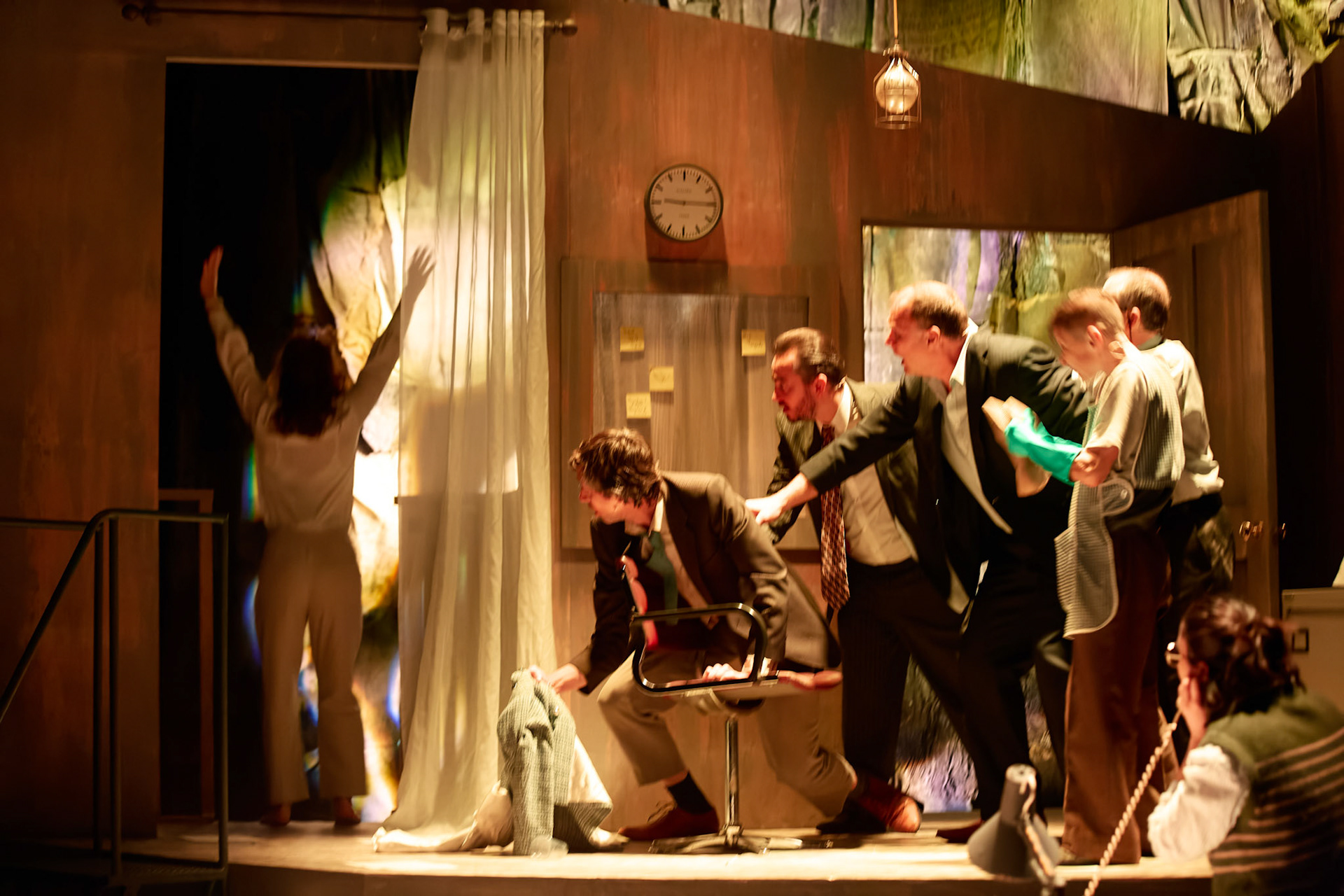 Rhinoseros by Theatr Genedlaethol Cymru.CastRhodri MeilirBethan Ellis OwenDafydd EmyrIoan GwynPriya HallEddie LaddGlyn PritchardVictoria PughCreative teamAuthor Eugène IonescoWelsh Adaptation Manon Steffan RosDirector Steffan DonnellySet and Costume Designer Cai Dyfan Lighting Designer Ceri James Sound Designer and Composer Dyfan Jones Voice Director Nia LynnMovement Director Catherine Alexander