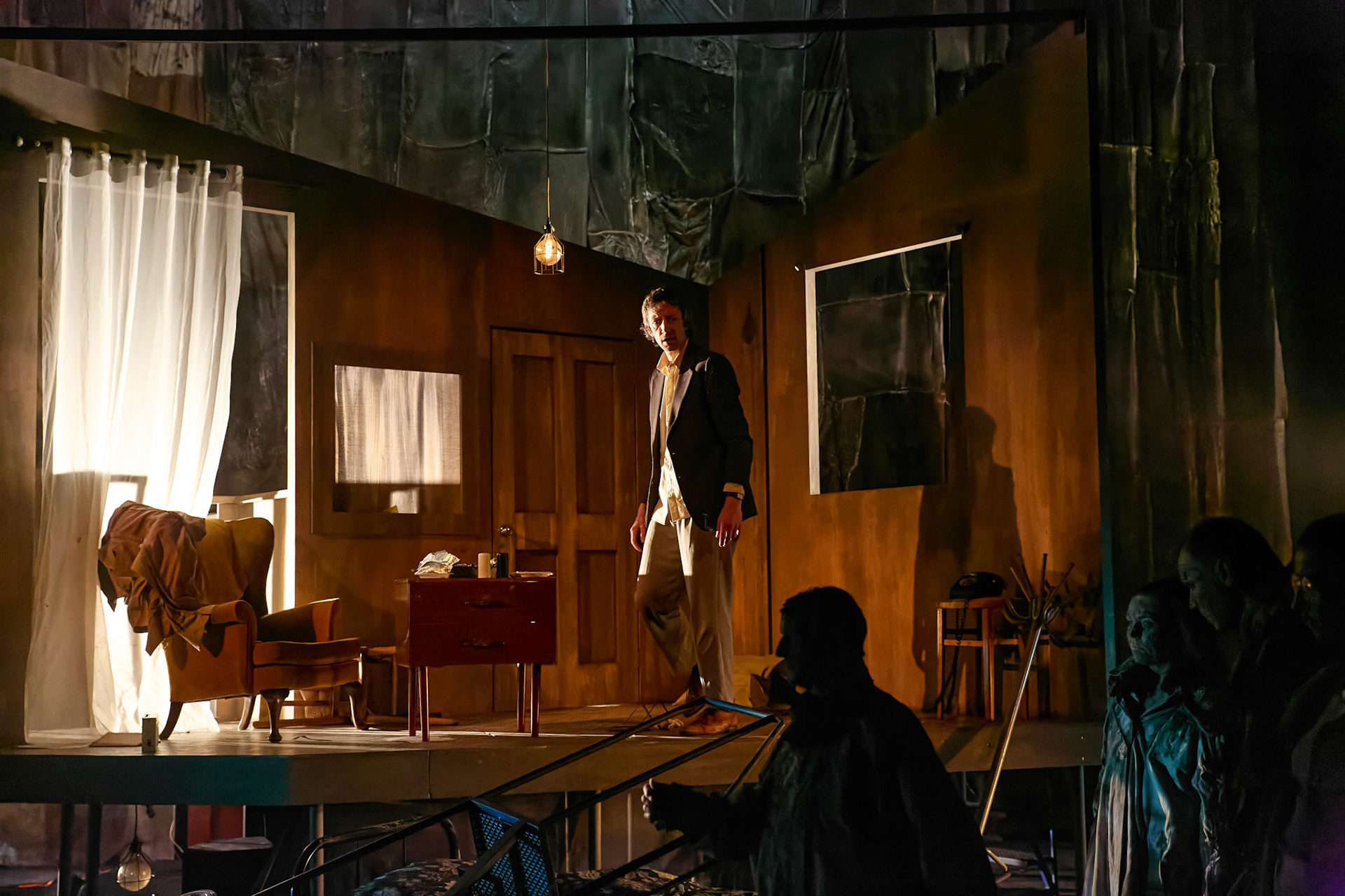 Rhinoseros by Theatr Genedlaethol Cymru.CastRhodri MeilirBethan Ellis OwenDafydd EmyrIoan GwynPriya HallEddie LaddGlyn PritchardVictoria PughCreative teamAuthor Eugène IonescoWelsh Adaptation Manon Steffan RosDirector Steffan DonnellySet and Costume Designer Cai Dyfan Lighting Designer Ceri James Sound Designer and Composer Dyfan Jones Voice Director Nia LynnMovement Director Catherine Alexander