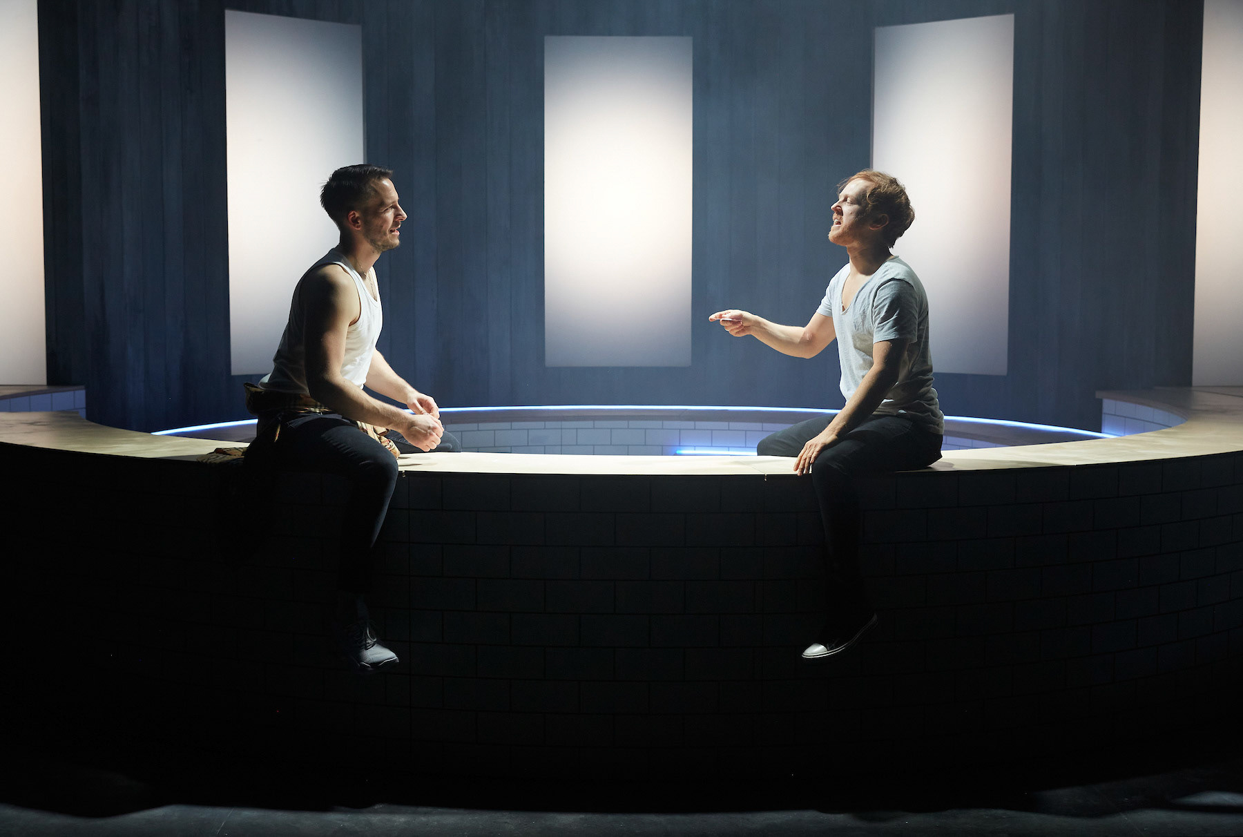 Tywyth by Daf James - co production between Theatr Genedlaethol Cymru and Sherman Theatre

Director: Arwel Gruffydd

Cast:

Simon Watts – Aneurin

Danny Grehan – Dada

Michael Humphreys – Gareth

Arwel Davies – Rhys

Martin Thomas – Dan

Aled ap Steffan – Gavin 

Photo by Mark Douet