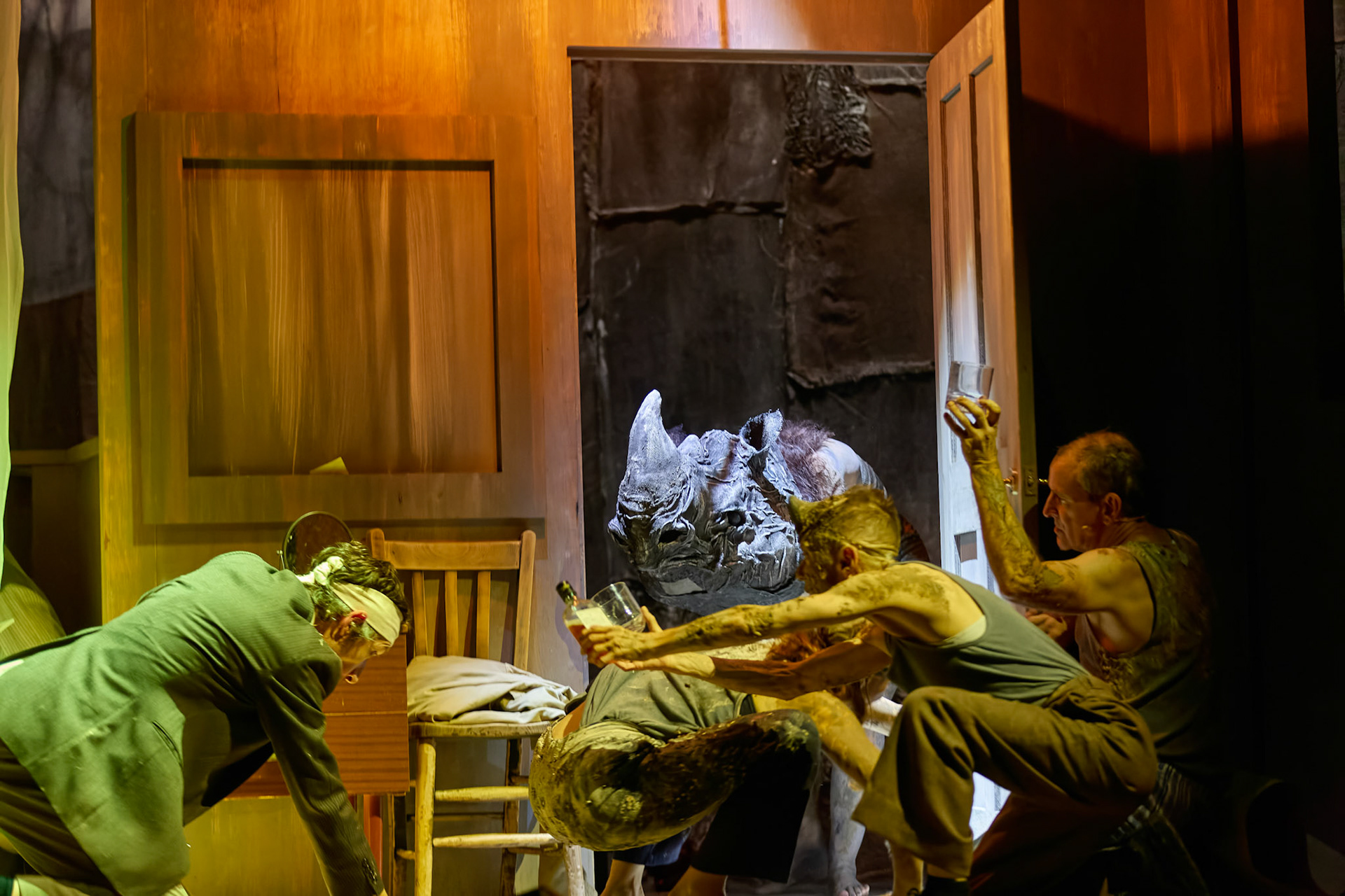 Rhinoseros by Theatr Genedlaethol Cymru.CastRhodri MeilirBethan Ellis OwenDafydd EmyrIoan GwynPriya HallEddie LaddGlyn PritchardVictoria PughCreative teamAuthor Eugène IonescoWelsh Adaptation Manon Steffan RosDirector Steffan DonnellySet and Costume Designer Cai Dyfan Lighting Designer Ceri James Sound Designer and Composer Dyfan Jones Voice Director Nia LynnMovement Director Catherine Alexander