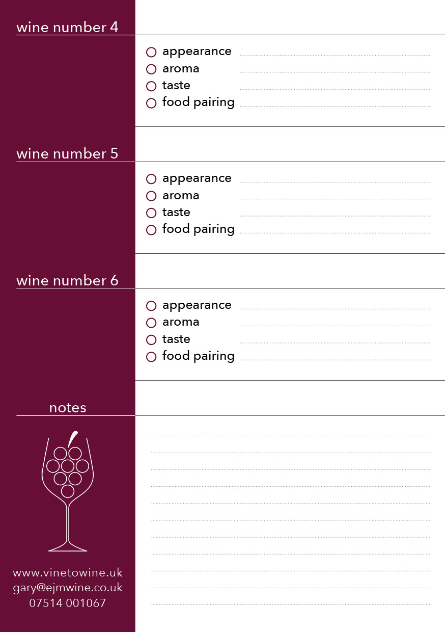 Wine tasting sheet back