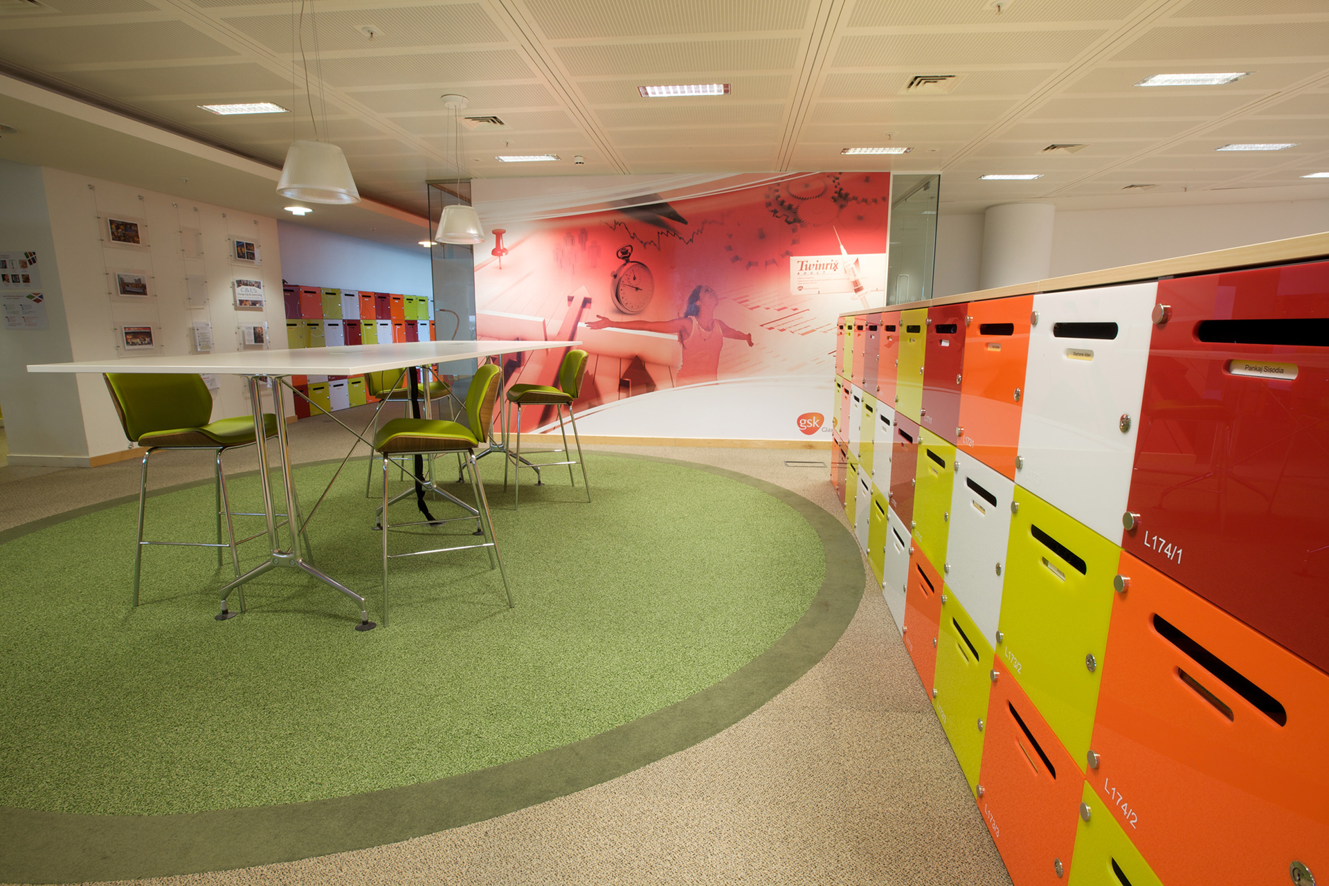 Large wall graphic in breakout and locker space