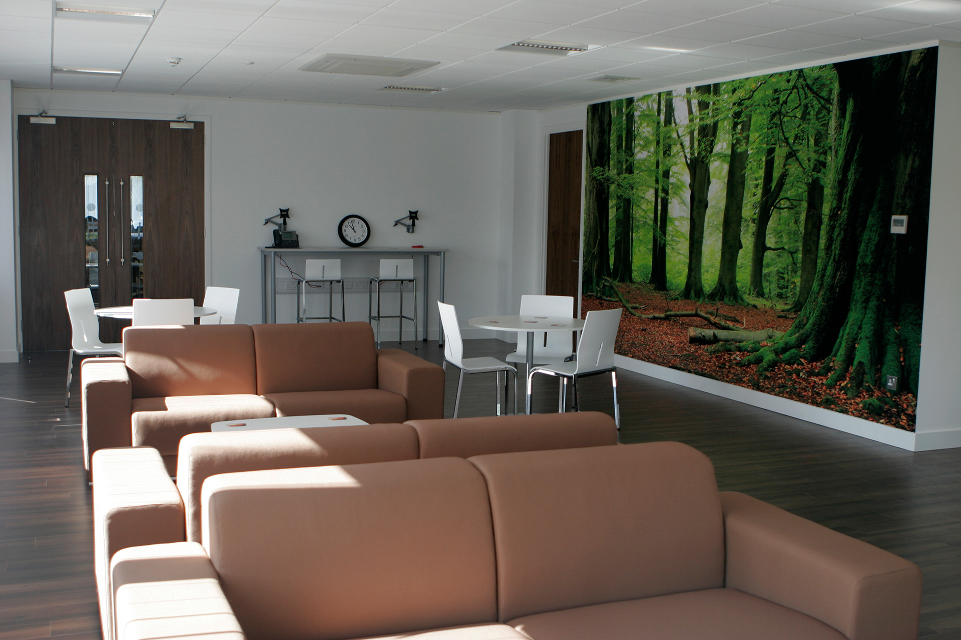 Woods wall graphic used in the dining space