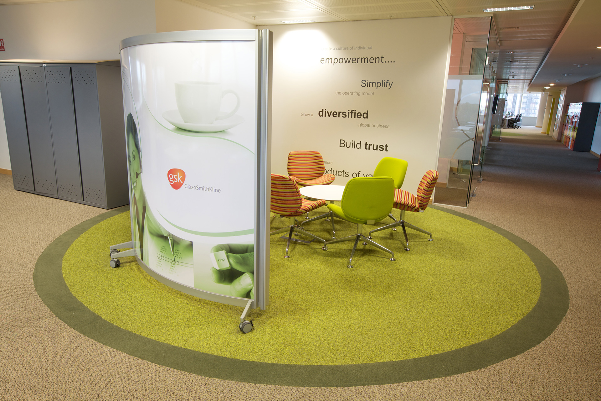 Inspiring words in meeting area and graphics applied to curved screen