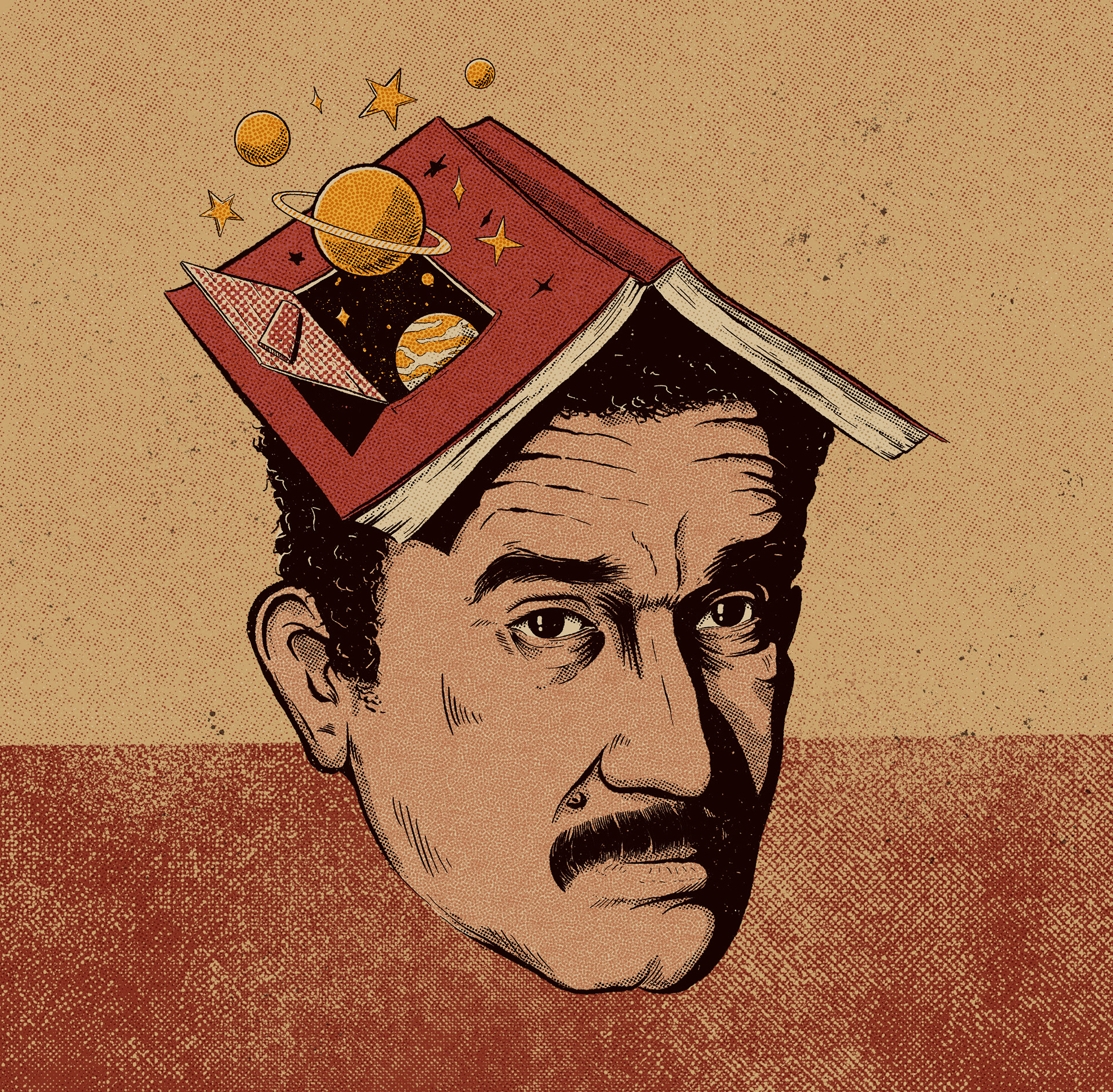 Illustration of writer Gabriel Garcia Marquez with a book on his head