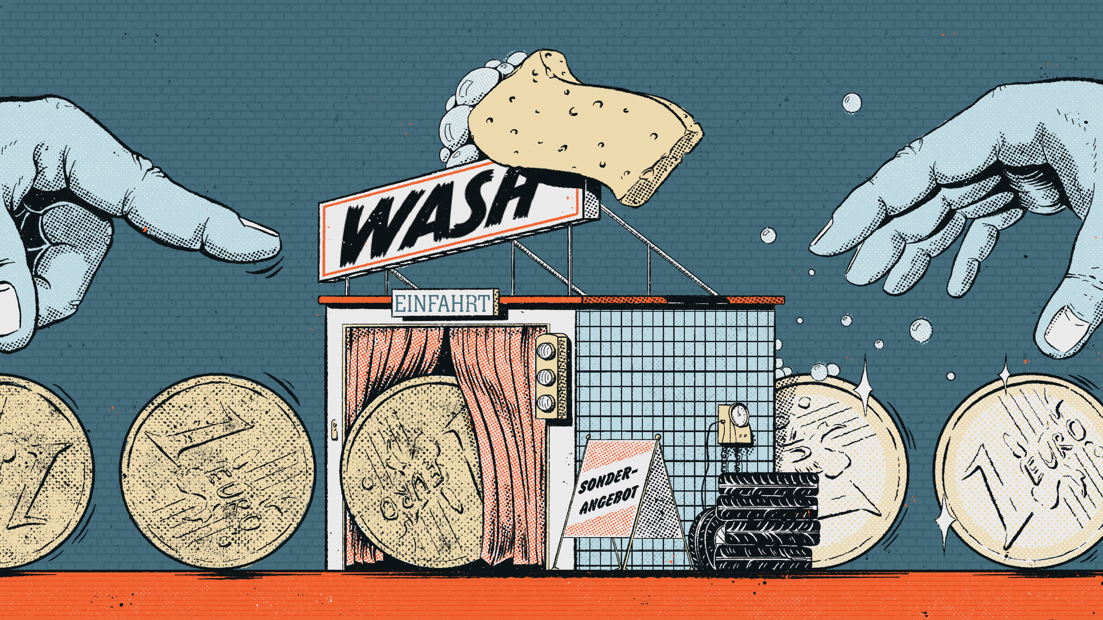 Hands rolling coins through a car wash to launder money
