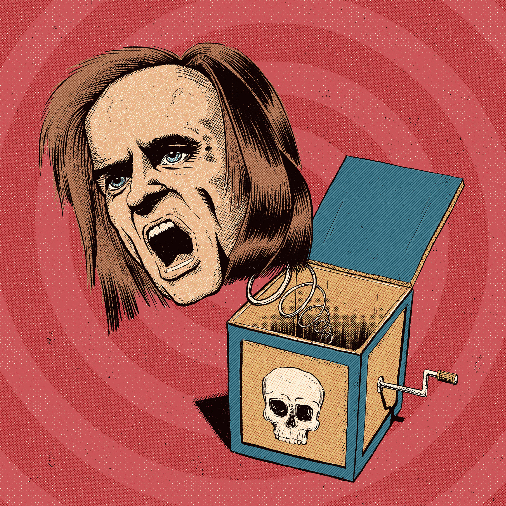 Illustration of Klaus Kinski as a jack-in-the-box