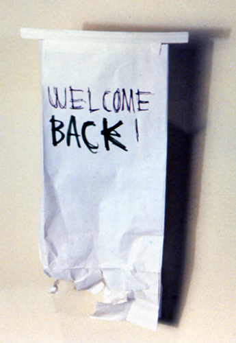 To Charlotte 1998. barf bag, marker, sign 9"