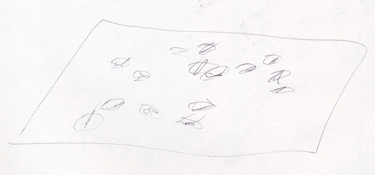 Where I Walked 2005. Seamless white paper, tape, footsteps. Size varies with installation. Seamless white paper, like the kind used on photo shoots, shows where I walked and the residue, marks from my footsteps. Shoes record my movement, habits, and repetition in my life. It’s like a photogram, since it’s showing the objects that leave a mark. It shows how I can make a place dirty and how I treat the surface or cover. It’s a record of my existence.