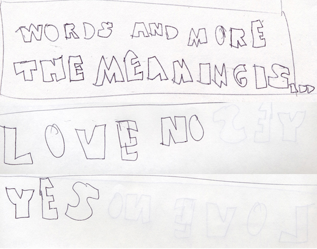 Miscommunication 2005. Paper, Scissors, string. Size varies with installation. Sheets of clear/white paper with words cut out/off. Some of the letters are difficult to read since the cut off words are not accurate/legible, making the meaning difficult to figure out. The paper can be on the wall, hanging in mid-air (suspended from the ceiling by string), and pasted to a glass window or door. This way it can be seen from two sides. Some words or sentences/fragments can be facing one direction, the other side the opposite direction. It can symbolize the two viewpoints/perspectives in a situation/dialogue/monologue/argument on the same subject. I would like the words to talk about the place (i.e. door: discuss the meaning of doors, i.e. windows: the meaning of windows). This shows how miscommunication can occur because of language, semantics, not clearly being able to express oneself (just a thought).
