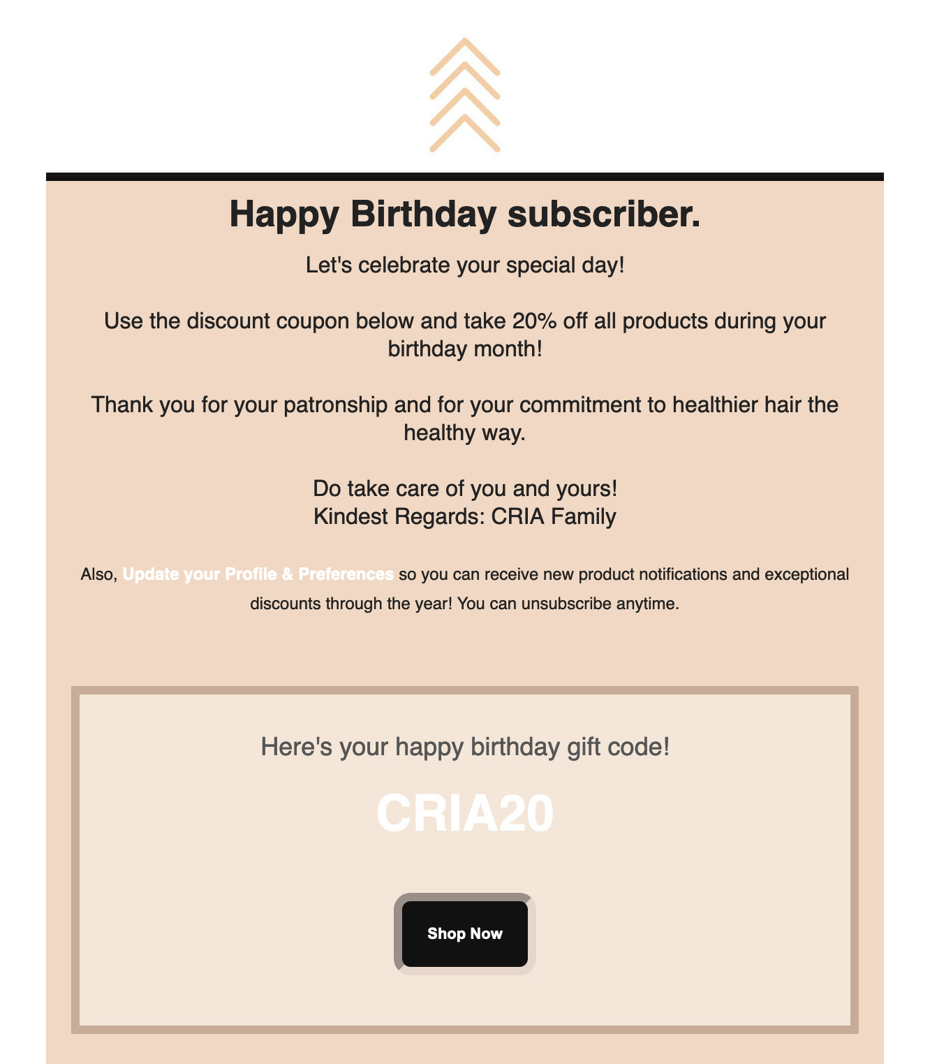 Automated birthday email with coupon offer created for Cria Hair
