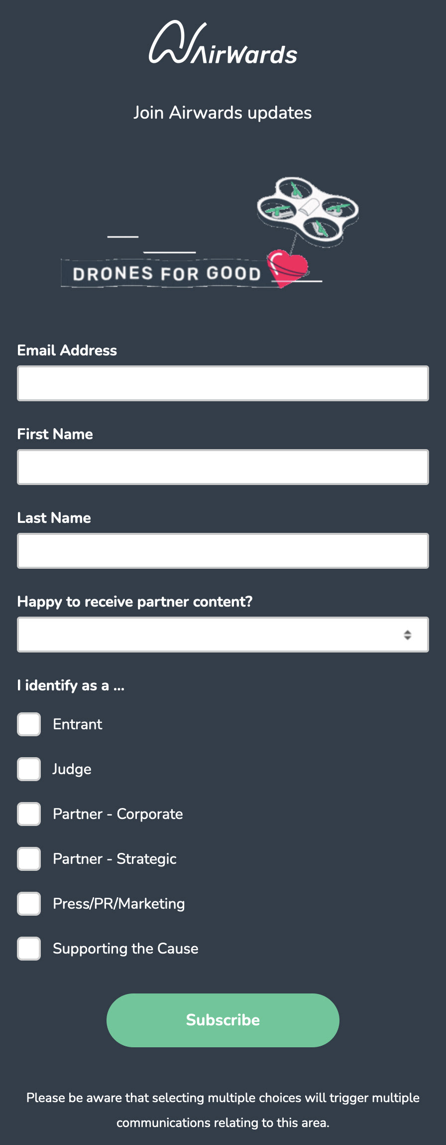 Mailchimp Landing Page created for Airwards allowing subscribers to select preferences for email marketing.