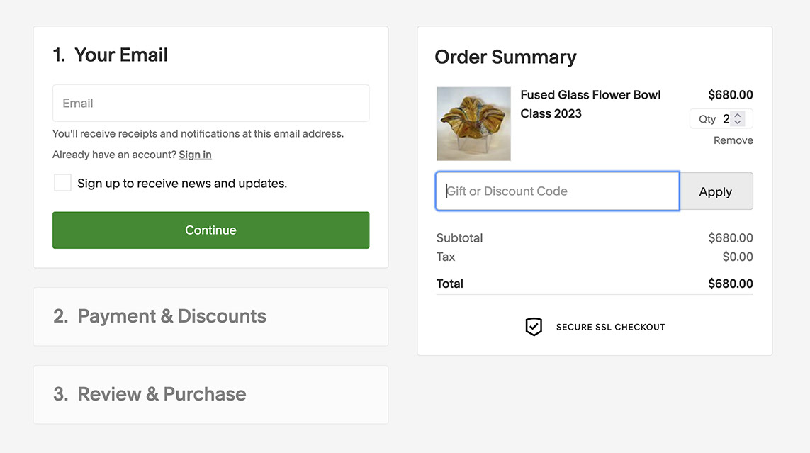 Customize the checkout by choosing your branding with your color scheme and logo. Your business can accept credit cards with payment processors (PayPal, Stripe), set up taxes and shipping rates, enable customer accounts, and join email updates. Give customers the extra incentive to buy with discounts, free shipping, and more.
