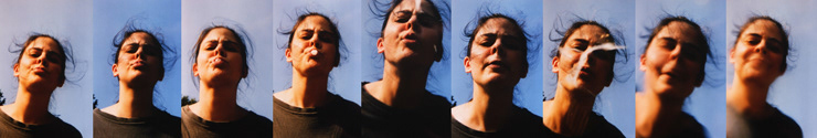 To Stimulate You 1998. Color Photography 30" x 20" each, 30" x 180" total This series of pictures shows a woman spitting at the camera...and the viewer. It is a linear narrative that is meant to read from left to right. The bright, warm colors and the smile, that starts and finishes the sequence of images, gives the viewer initially a sense of harmless frolic. Examining the pictures further, one begins to notice the woman is violating the viewer.