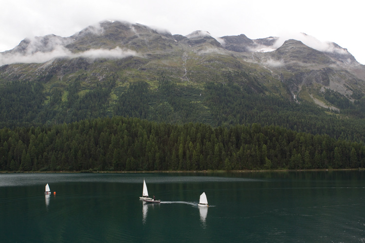 St. Moritz; Switzerland; Mountains; High-altitude; Lake; Travel; Tourism; Slope; Hillside; Nature; Sailing; Trees; Conifers.