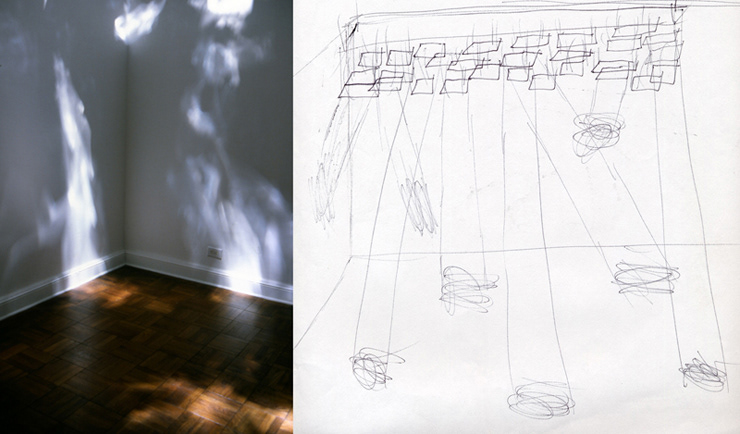Security/Afterlife 1999. spotlights, foamcore, cardcoard, silver mylar, tape size varies with installation. Spotlights on the floor shine light onto the reflective surfaces on the ceiling where it bounces back onto the floor and walls as pools of light. Meant to look like a stage scene where light is shining through the trees, the pools of light entice the viewer to explore the space, to stand in the lighted areas and go between them. It is a metaphor for life's experiences, where one is attracted by the shining opportunities in life, only to discover these destinations (or goals) leaves one questioning, "O.K. I've gotten to this point, now what?" Life is full of high and lows, bright spots and dark moments, so have many goals in life because one never knows which ones will be more than a flash in the pan. Enjoy all aspects and experiences in life because they are all enriching.