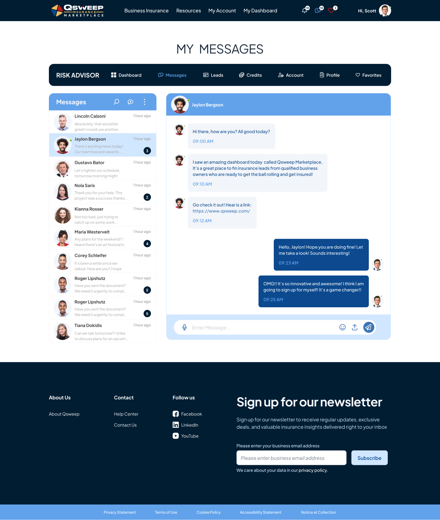 A high-fidelity ux/ui mobile screen mockup in Figma for a SaaS insurance advisors marketplace desktop version web app messaging screen.