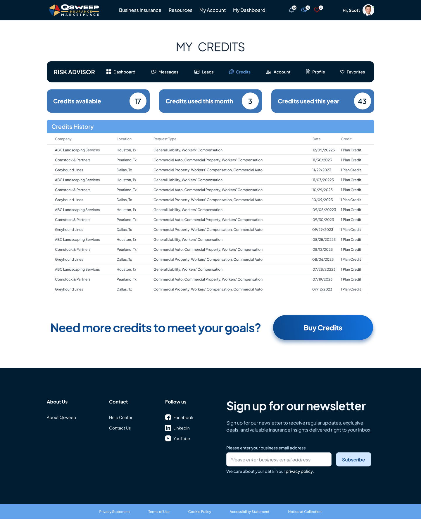Advisor dashboard credits information details