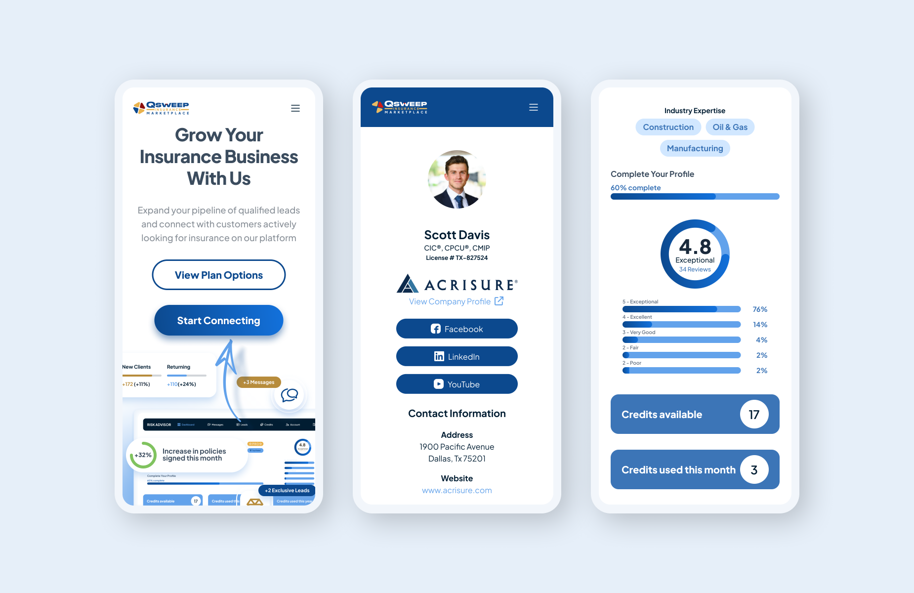 These high-fidelity UX/UI mobile screen mockups in Figma are for a SaaS mobile version tailored for marketplace insurance advisors.