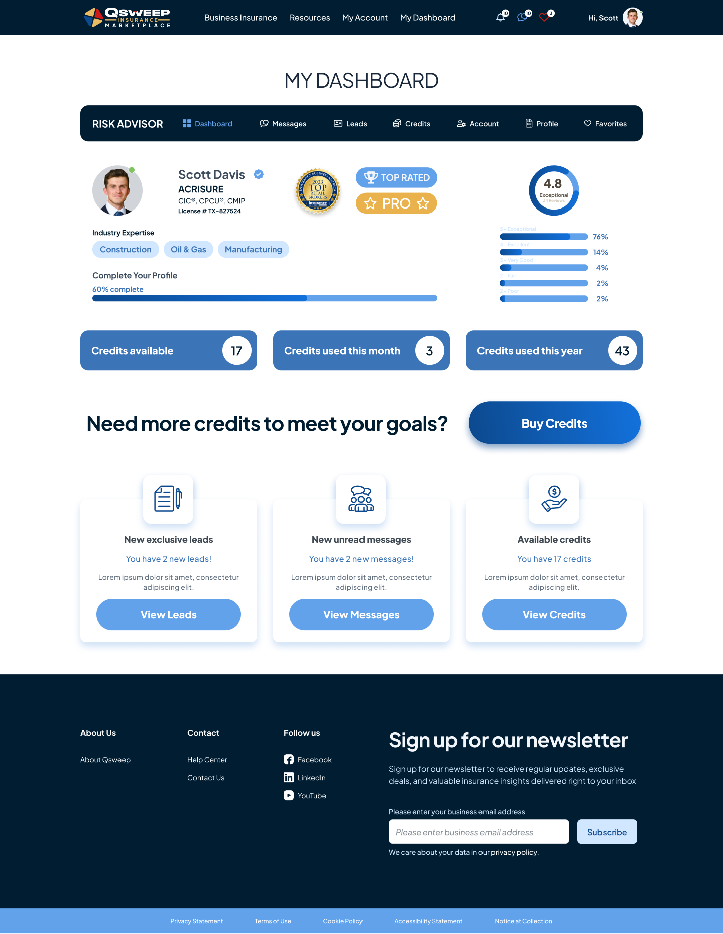 Advisor dashboard landing page