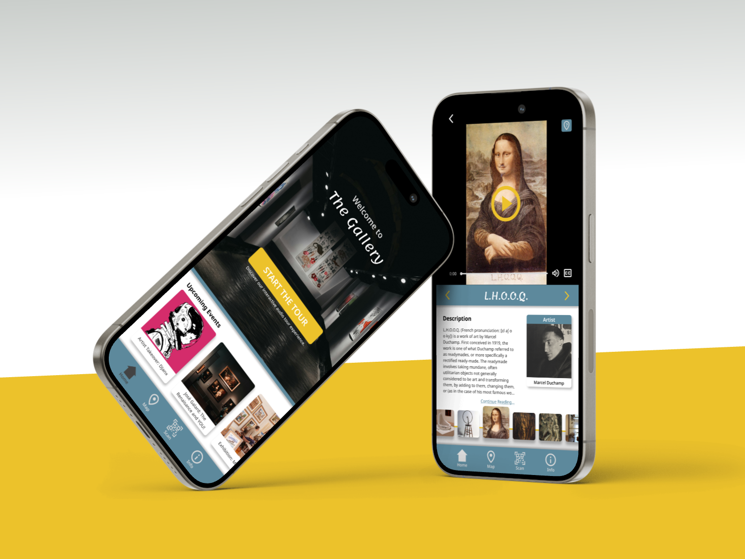 Mock up of an audio tour app shown on a 3D phone illustration
