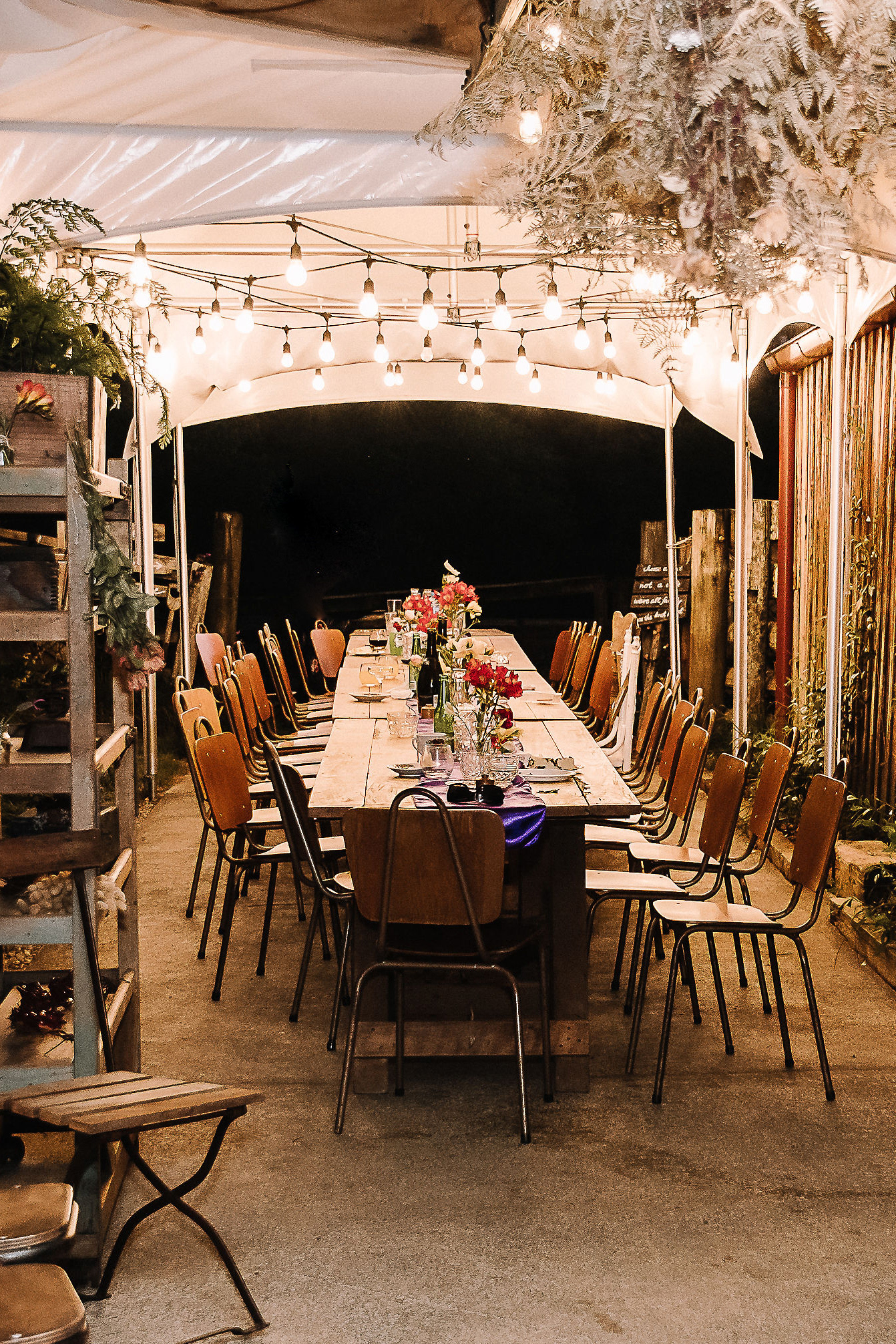 micro wedding reception table outdoor string lights