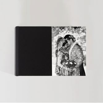 PHOTO FRONTS: A photographic print is bound to the front cover, protected by a textured laminate. The material of your choice covers the spine and back. We offer both "half" and "full" Photo Front covers.