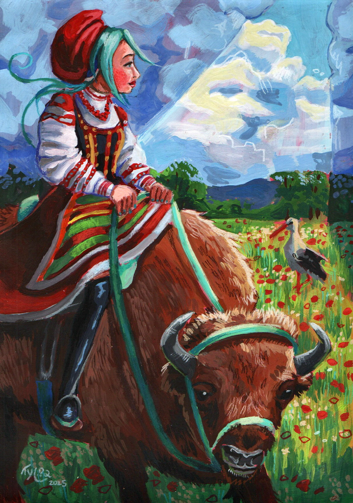 Polish Hatsune Miku, A4, gouache and colored pencils, 2025