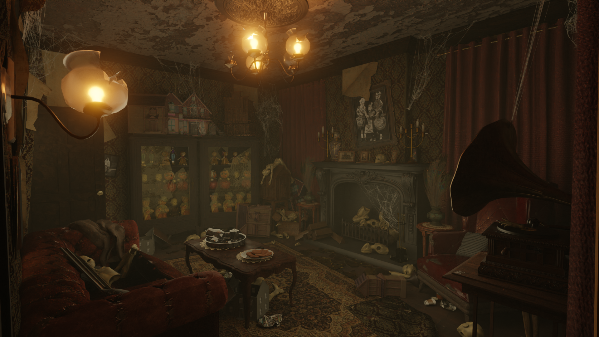 3d/2d concept VR room set design. A run down old Victorian house in modern times. First room of the Witch's house set.