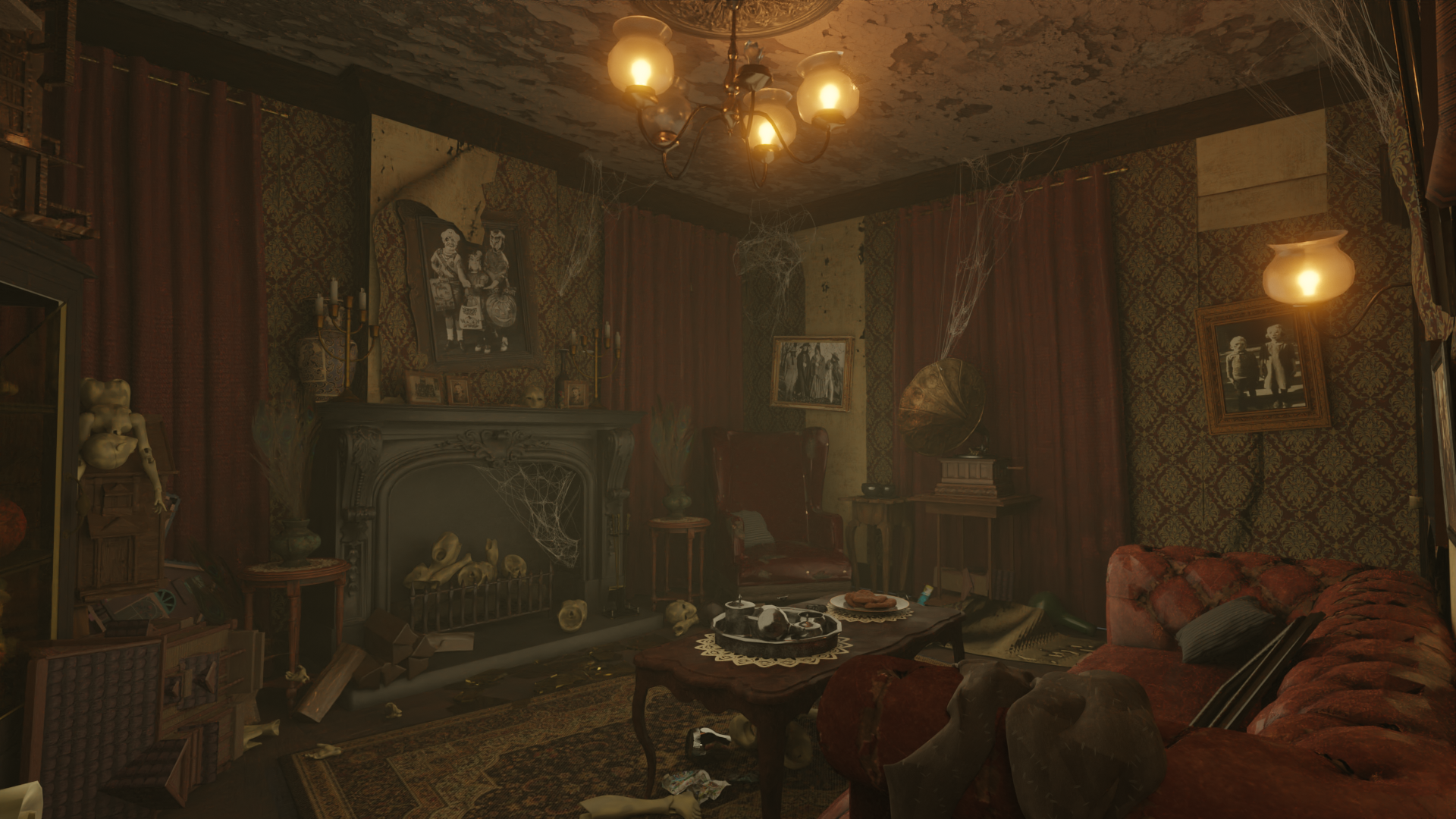 3d/2d concept VR room set design. A run down old Victorian house in modern times. First room of the Witch's house set.