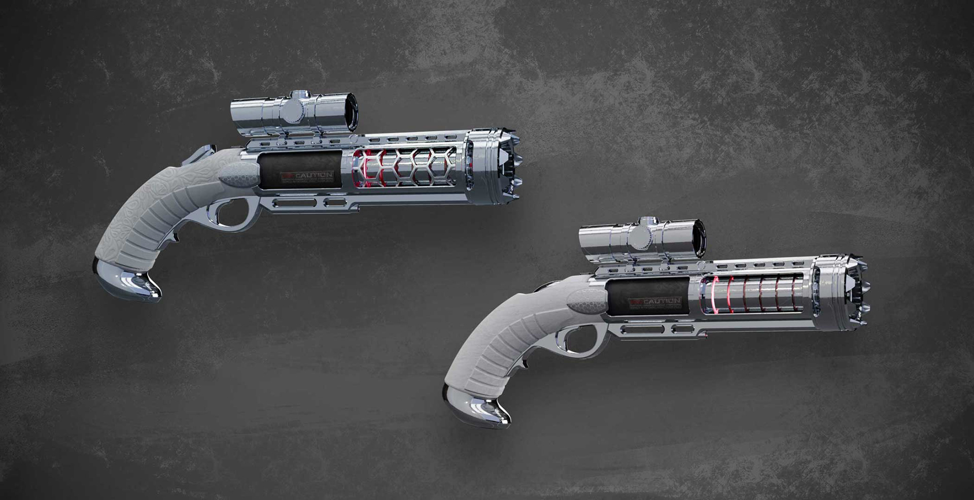 Concept was for a specialized versions of a gun that was originally designed by Karl Crosby. Adding different materials and attachments to the weapon.