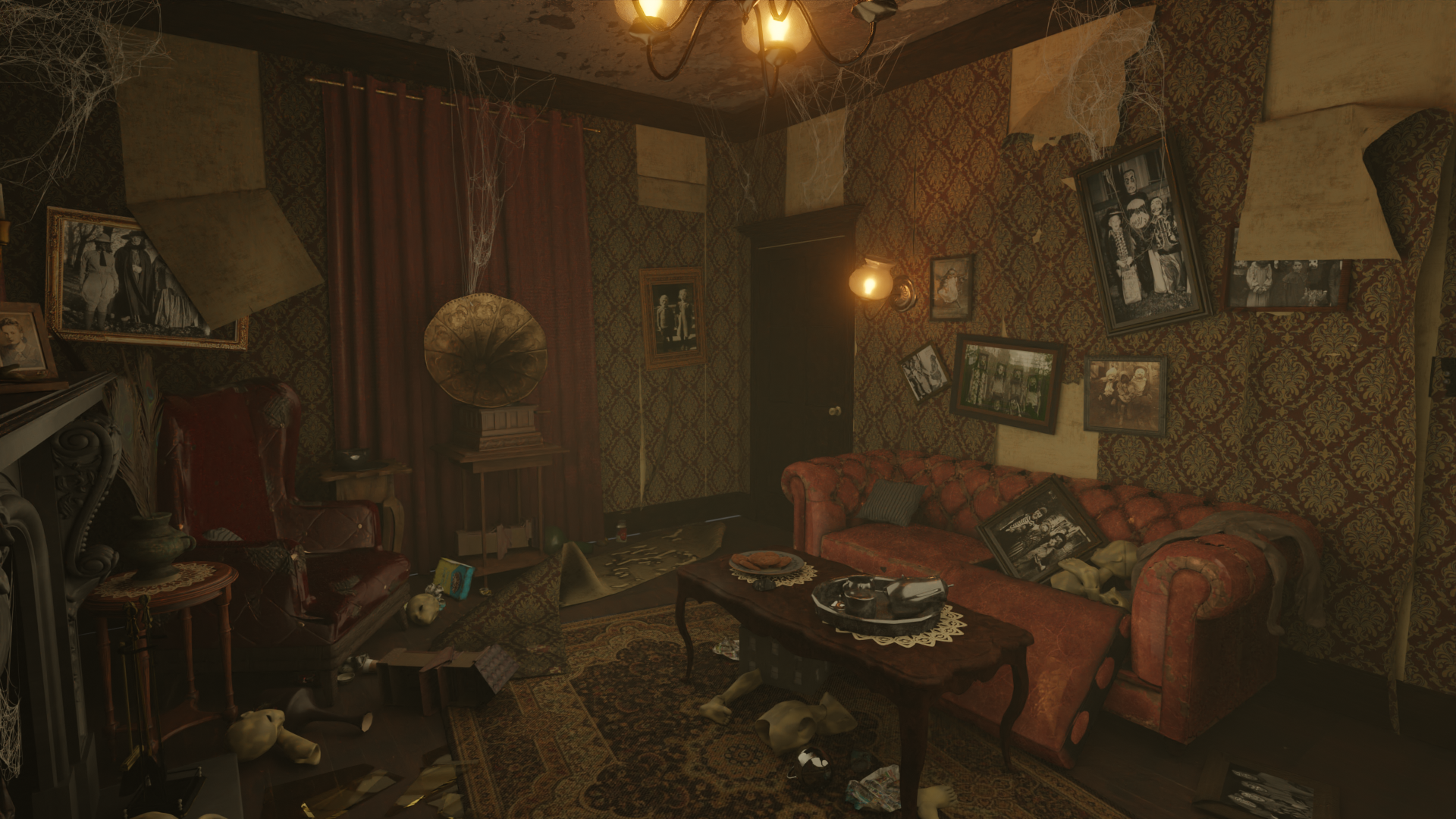3d/2d concept VR room set design. A run down old Victorian house in modern times. First room of the Witch's house set.