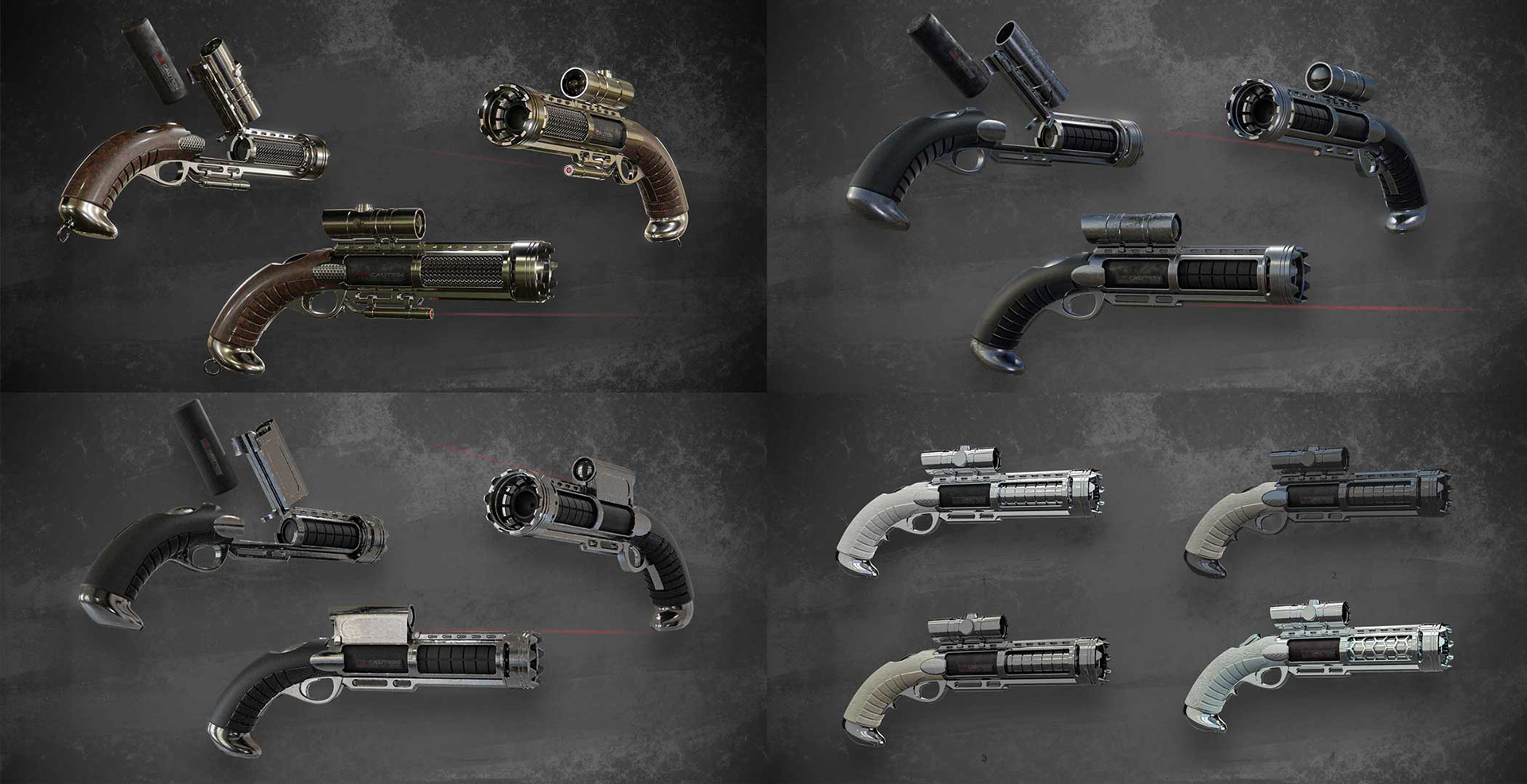 Concept was for a specialized versions of a gun that was originally designed by Karl Crosby. Adding different materials and attachments to the weapon.