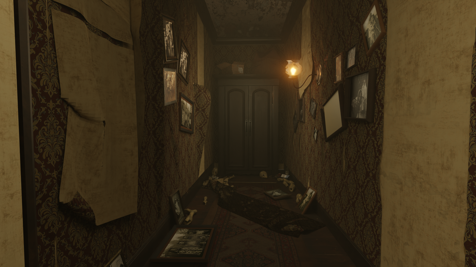 3d/2d concept VR room set design. A run down old Victorian house in modern times. Hallway of the Witch's house set.