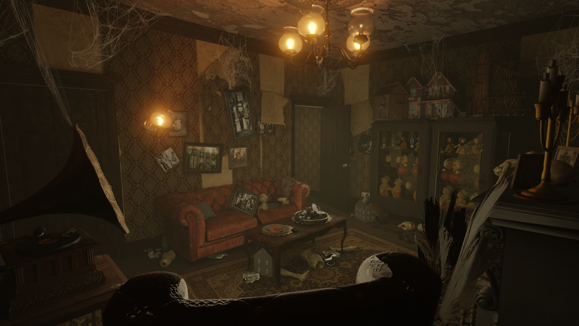 3d/2d concept VR room set design. A run down old Victorian house in modern times. First room of the Witch's house set.
