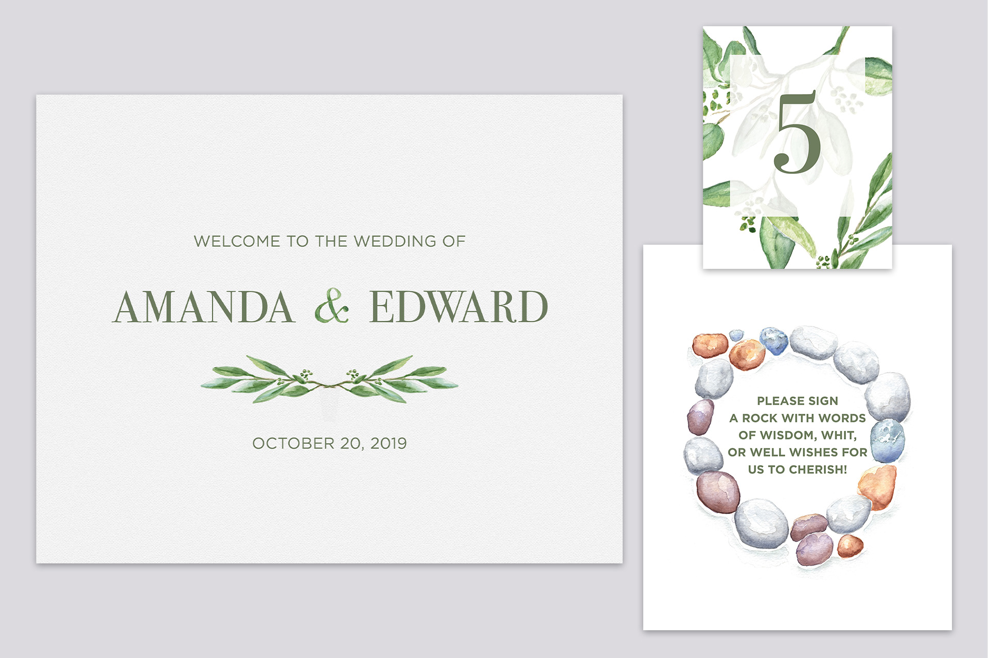 Welcome sign, table number, and guest book sign