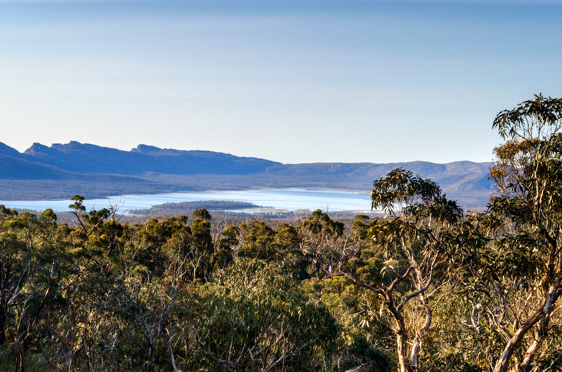 On the summit of Reeds Lookout overlooking Moora Moora reservoir and the Serra Range in the Grampians National Park, Victoria