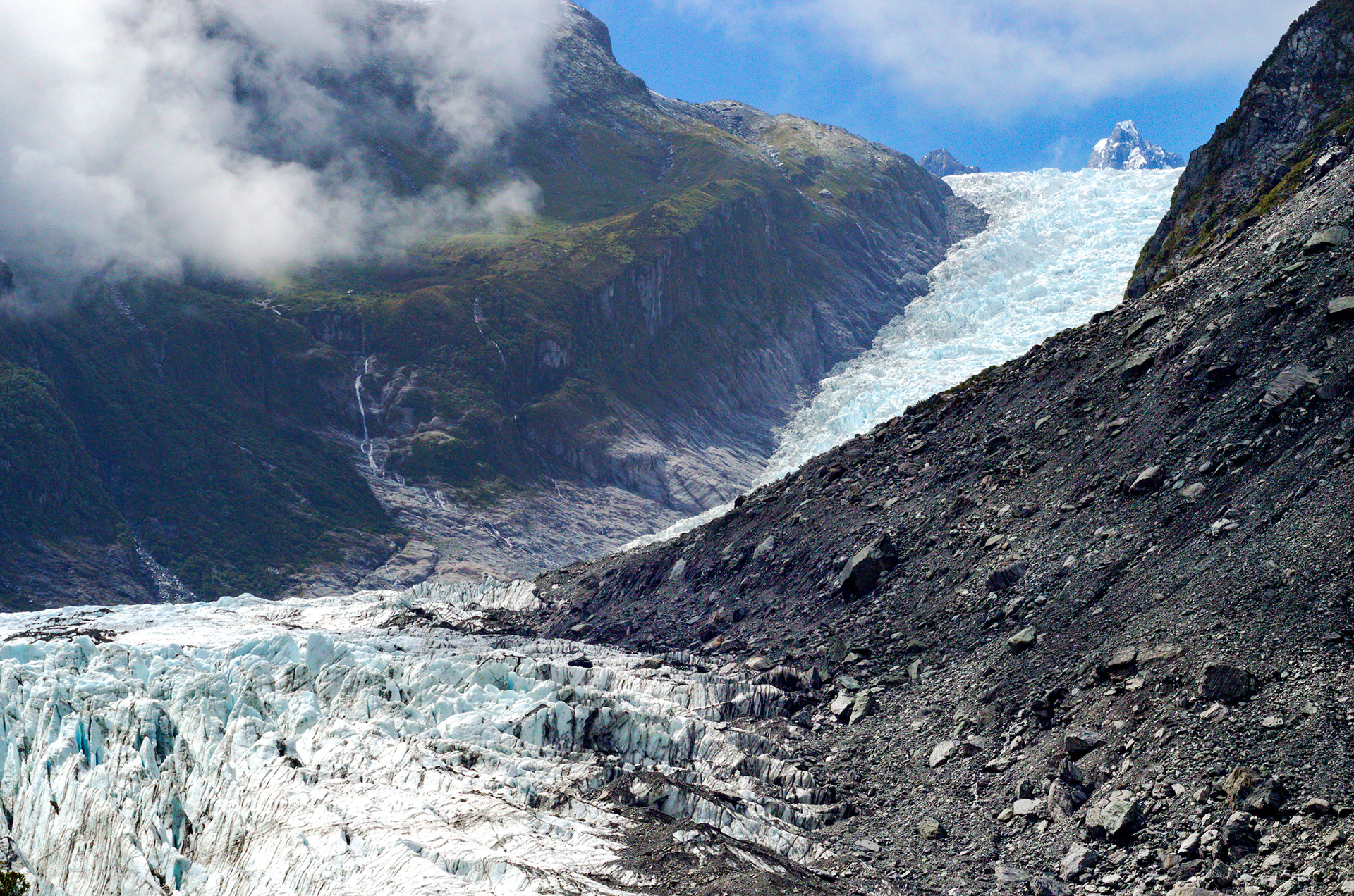 Looking up Fox Glacier/Te Moeka o Tuawe towards Chancellor Dome